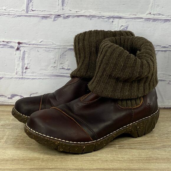 El Naturalista Yggdrasil Brown Leather Sweater Cuff Ankle Boots Women's 39 US 6 - Picture 3 of 8
